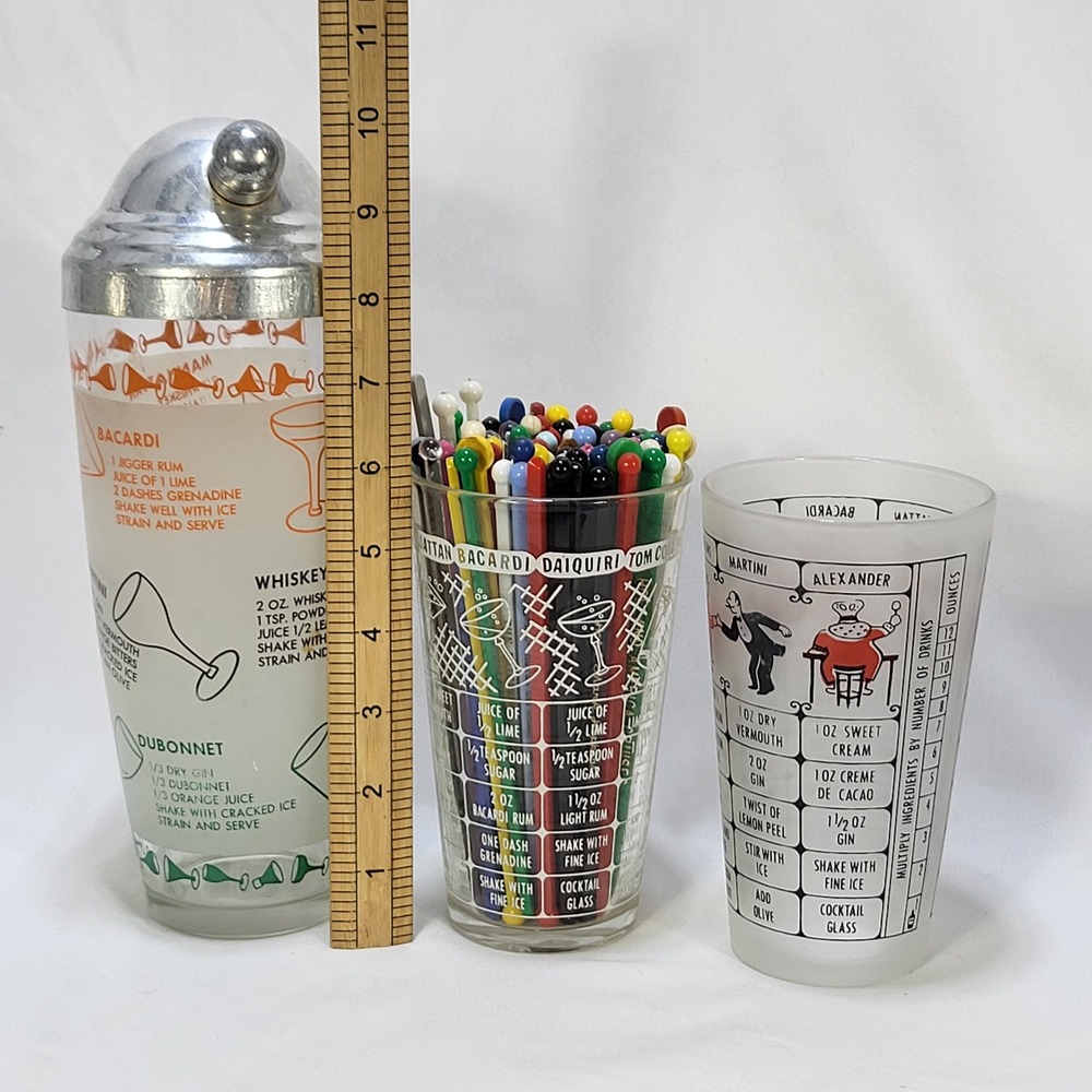 MCM Barware Set Cocktail Shaker Recipe Glasses Advertising Swizzle Sticks 1960s